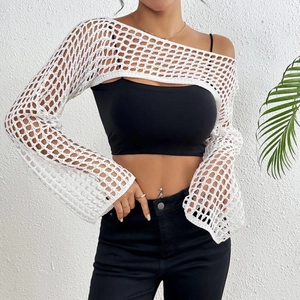 Detail of white hollow out crochet shrug featuring mesh texture and flared long sleeves