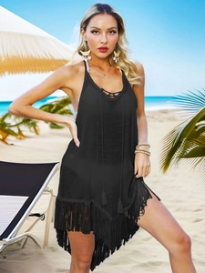 Women Sexy Backless Beach Cover Up Halter Neck Lace Up Tassel Irregular Hem Beachwear Mini Dress For Summer Vacation