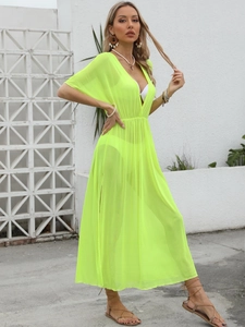 Neon lime sheer mesh beach cover-up maxi dress with deep V-neck and side slits