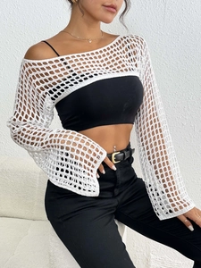 Chic white crochet hollow out beach shrug with long sleeves and off-shoulder neckline