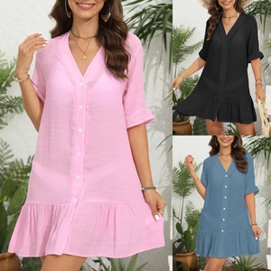 Detail of V-neck buttoned beach cover-up dress with ruffle hem in pink, black, and blue