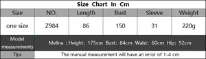 Size chart for V-neck beach cover-up showing length 86cm and bust 150cm measurements