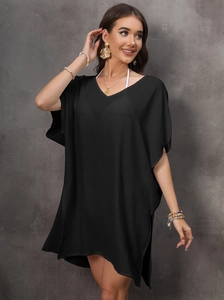 Detail view of V-neck loose black beach cover-up dress with comfortable batwing sleeves