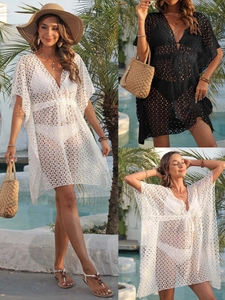 Women Sexy Sheer Lace Crochet Beach Cover Up Dress V Neck Irregular Hem Drawstring Waist Bikini Coverup Kaftan Outwear