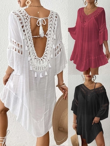 Women Bohemian Crochet Beach Cover Up V Neck Backless Tassel Swimwear Dress Hollow Out Sexy Summer Vacation Beach Wear