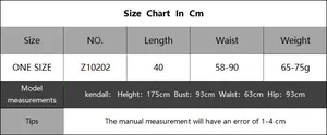 Size chart for women's hand-crocheted fringe skirt with measurements and model details