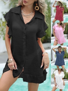 Cache-Maillot de Plage pour Femmes Manches Courtes à Volants Boutonnage Simple Robe Chemise Col en V pour Vacances