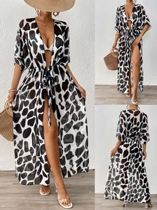 Women Cow Print Long Beach Cover Up V Neck Tie Waist Sheer Chiffon Cardigan Swimsuit Bikini Vacation Resort Wear