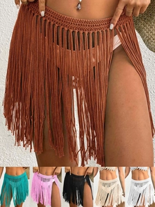 Women Crochet Beach Cover-up Skirt Bohemian Tassel Bikini Wrap Top And Skirt Shell Decor Solid Color Swimwear Over Dress