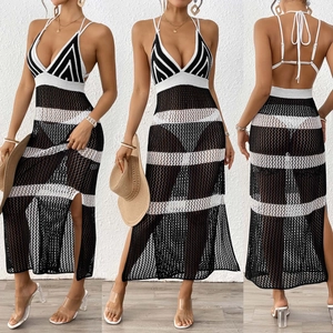 Three-way view of a black and white crochet knit maxi dress with side slits for women