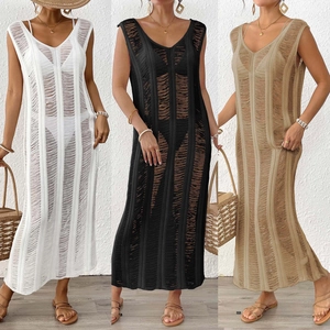 Three-color comparison of crochet beach cover-ups showing hollow knit and tassel details
