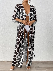 Women's long leopard print beach cover-up with tie waist and batwing sleeves