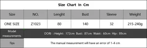 Size chart for women beach crochet cover-up dress showing length, bust, and sleeve measurements