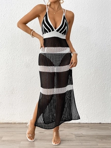 Women's backless halter maxi dress with black and white striped crochet knit pattern
