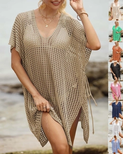 Detailed knit texture and side drawstring of a sexy hollow-out beach cover-up dress