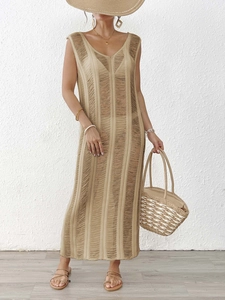 Khaki sleeveless knit maxi dress with vertical hollow-out design and V-neckline