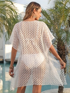 Elegant white crochet lace beach cover-up dress with openwork details for women