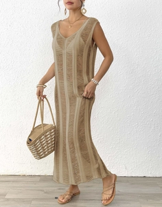 Detail of khaki sleeveless crochet maxi dress with bohemian hollow out knit texture