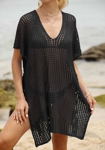 Detail of black hollow-out knit beach cover-up featuring geometric mesh and V-neckline