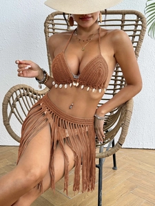 Boho crochet bikini set with shell fringe and long tassel skirt in earth brown color
