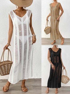 Women Sexy Hollow Out Crochet Knit Maxi Beach Cover Up Dress V Neck Sleeveless Solid Color Vacation Bohemian Sundress