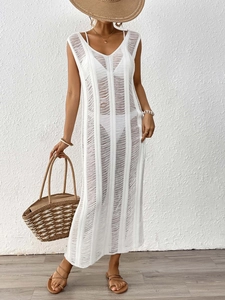White sleeveless hollow knit beach maxi dress cover-up with V-neck and vertical stripes