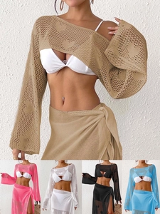Women Heart Jacquard Hollow Out Crochet Beach Cover Up Top Sexy Long Sleeve Knit Bikini Coverup Summer Sun Protection Smock