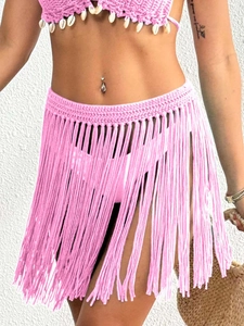 Pink crochet beach set with shell halters and long tassel skirt for women