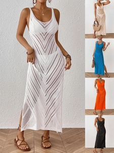 Robe Cache-Maillot de Plage en Tricot Crochet pour Femmes Sexy Ajouré Col en V Sans Manches Fente Latérale Robe Maxi Vacances