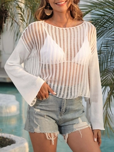 Detail of white hollow crochet beach cover-up with vertical knit texture and flared sleeves