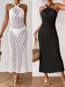 Detailed comparison of white and black crochet leaf pattern knit cover-up dresses