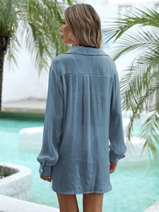 Women's blue grey long sleeve cover-up shirt with back pleat design for beach vacation