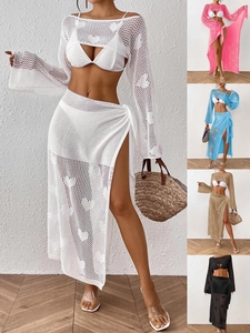 Women Sexy Heart Hollow Out Crochet Top And Skirt Outfit Summer Beach Resort Wear Knitted Long Sleeve Top And Bottom