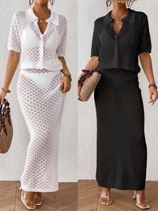 Ensemble Top And Bottom en Tricot Ajouré pour Femme avec Col Polo et Jupe Longue Moulante Couleur Unie Tenue de Plage Décontractée