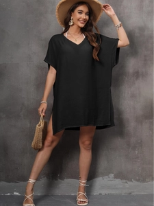 Women's summer black V-neck loose beach cover-up dress with vertical texture and side slit