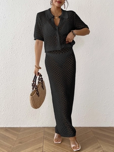 Ensemble 2 pièces noir au crochet avec cardigan polo et jupe longue moulante chic