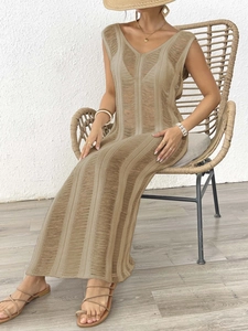 Elegant beige hollow out knit maxi dress with V-neck and sleeveless beach coverup style