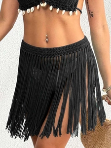 Women's black crochet fringe skirt and bikini cover-up set with shell details