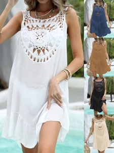 Robe de Plage au Crochet Ajourée pour Femme Sexy Sans Manches avec Volants Bohème Tenues de Vacances