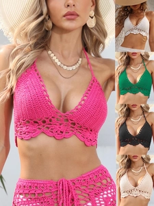 Women Halter Crochet Bikini Top Hollow Out Beach Cover Up Bohemian Knit Sleeveless Tank Top For Summer Vacation Swimwear