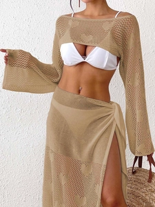 Detail of khaki heart crochet beach cover-up set with long sleeves and tie-up long skirt