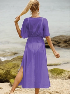 Cache-maillot de plage violet transparent avec taille à cordon et fente haute