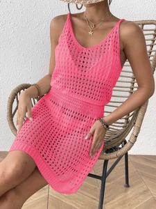 Sexy neon pink crochet hollow-out beach dress with slim fit V-neck design for women