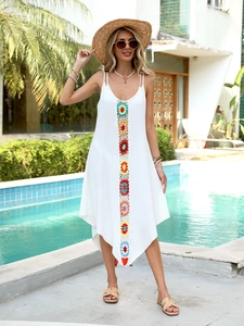 White boho beach cover-up maxi dress with colorful crochet trim and asymmetric hem