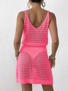 Sexy neongold-pinkes Häkel-Strandkleid mit Lochmuster und rückenfreiem Design