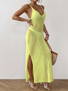 Sexy neon green crochet midi dress with side slit and V-neck for beach vacations