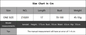 Detailed size chart for handmade shell bikini top including bust and length measurements