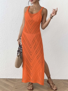 Robe de plage longue au crochet orange avec motif ajouré ondulé et fente latérale