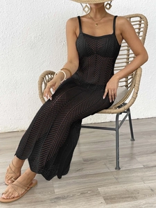 Women's black crochet cutout beach dress with leaf knit pattern and spaghetti straps