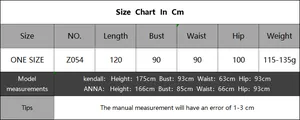 Size chart for women's knit beach cover-up with length, bust, and model measurements